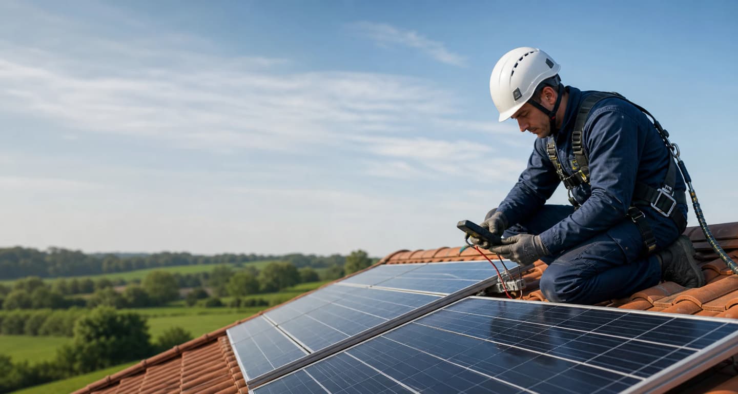 Technicien contrôlant une installation photovoltaïque sur une toiture en Sarthe